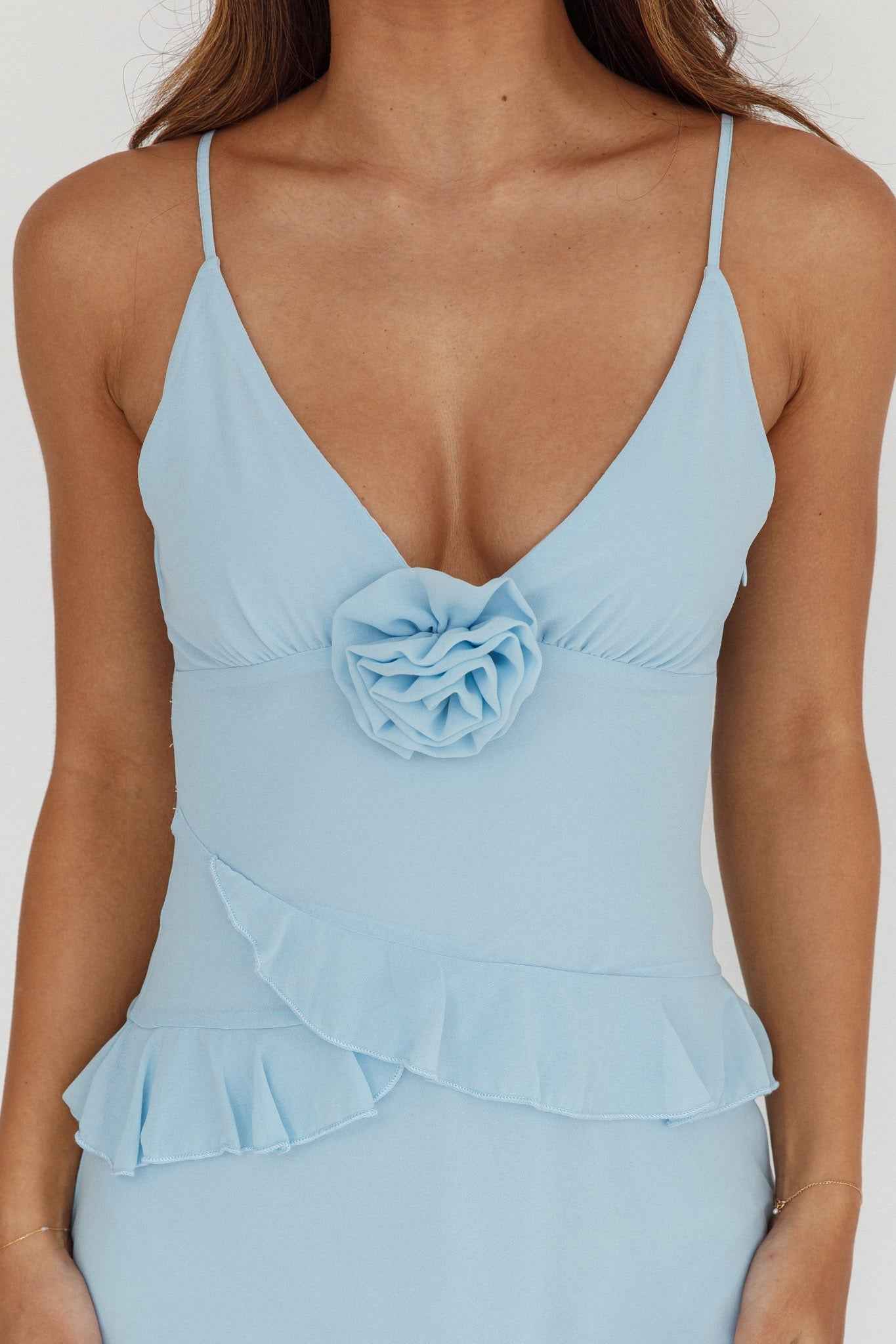 Marlie Frill Trim Rosette Maxi Dress Blue