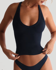 Miroslava Ribbed Split Back Top in Navy