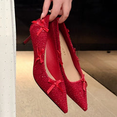 Red Pointed Toe Bow Decorated High Heels