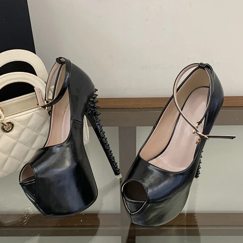 Sexy Peep Toe 17CM Extreme High Heels Party Fetish Shoes Design Rivet Stiletto Women Platform Pumps Sandal Size 41