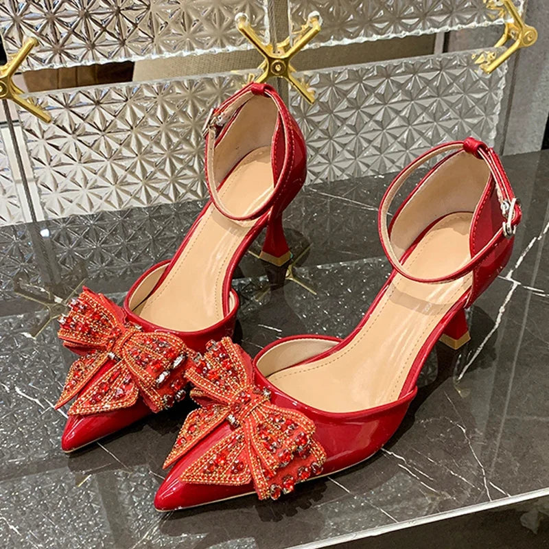 Rhinestone Bowknot High Heels Wedding Party Prom Shoes Elegant Pointed Toe Slingback Sandals
