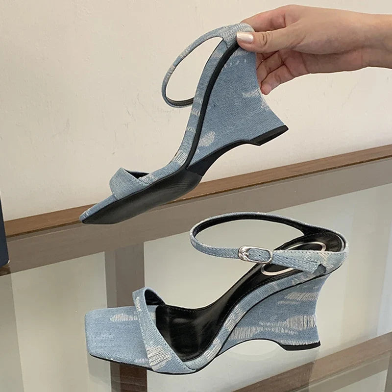 Strange Style Wedges Heels For Woman Blue Denim High Heeled Slippers Sandal Female Designer Slides Shoes Zapatos Mujer