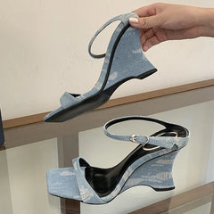 Strange Style Wedges Heels For Woman Blue Denim High Heeled Slippers Sandal Female Designer Slides Shoes Zapatos Mujer