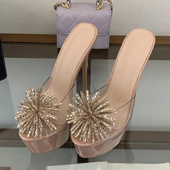 Design Rhinestone Flower Open Toe Show Platform High Heels Transparent Slippers