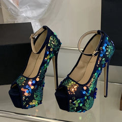 Sexy Peep Toe 17CM Extreme High Heels Party Club Stripper Shoes Mixed Colors Sequined Platform Pumps