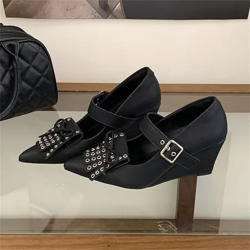 Satin Butterfly-knot Rivet Pointed Toe Pumps