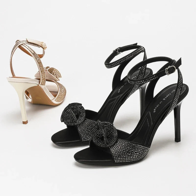 Elegant Rhinestone Flower Embellished High Heeled Sandals