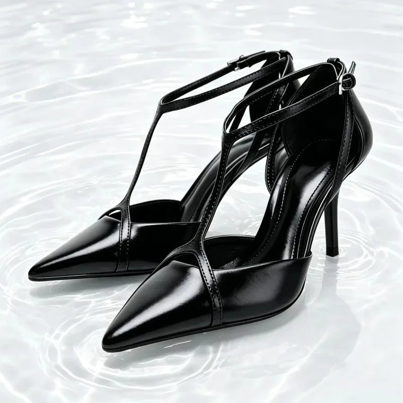 Luxury Pointed Toe Patent Leather T Strap Pumps