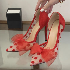 Red Butterfly Knot Pointed Toe Slingback High Heels Wedding Prom Shoes Polka Dot Mesh Pumps