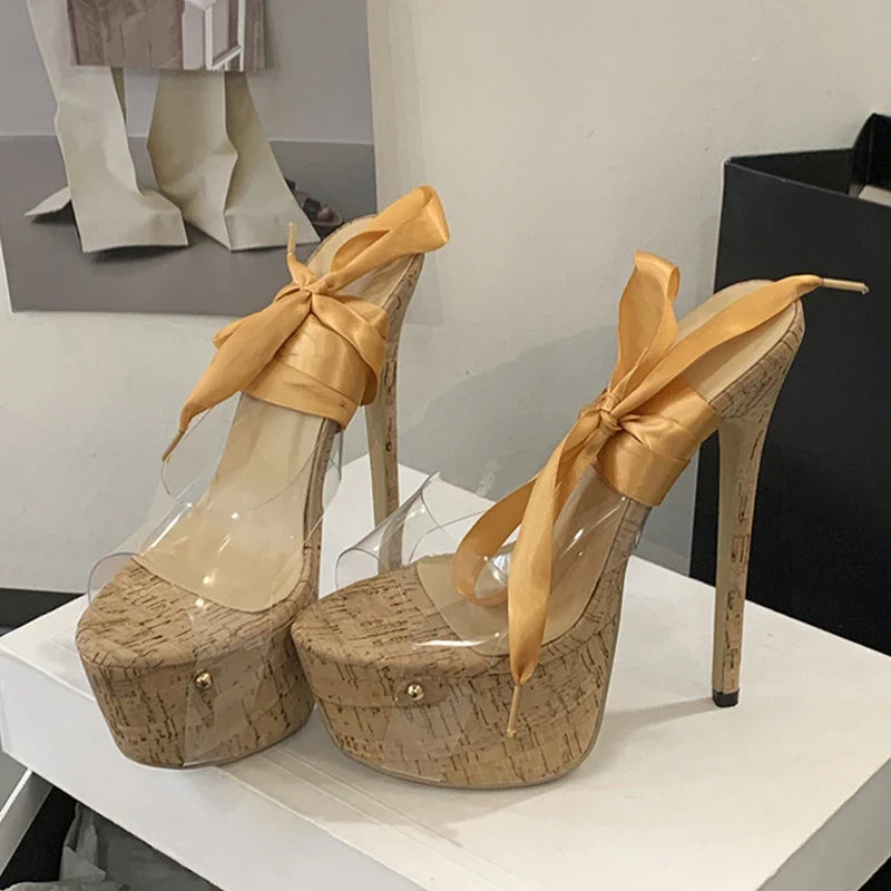 Sexy Yellow Silk Ankle Strap Platform Sandals
