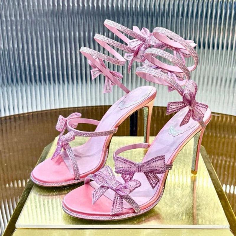 Rhinestones Mesh Bowknot Snake Coiled Women Gladiator Sandals