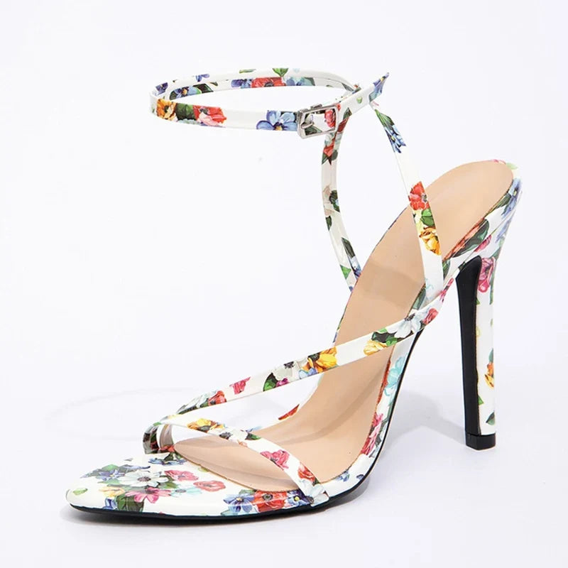 Print Leather Narrow Band Open Toe Thin High Heels Gladiator Sandals