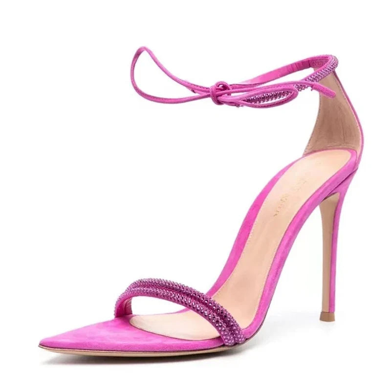 Sexy Rhinestone Ankle Strap Lace Up Women 8CM Stiletto Sandals