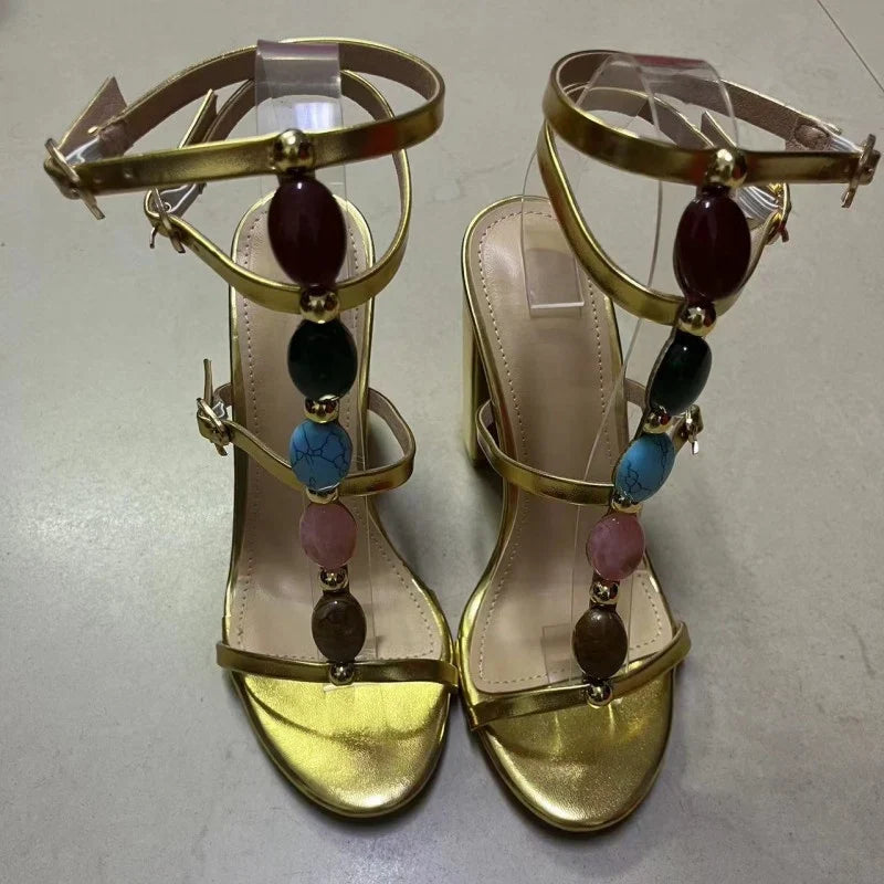Summer More Buckle Strap Gold Sandal Women Gem Rivet Open Toe Square High Heels Party Prom Shoes Female Sandalias