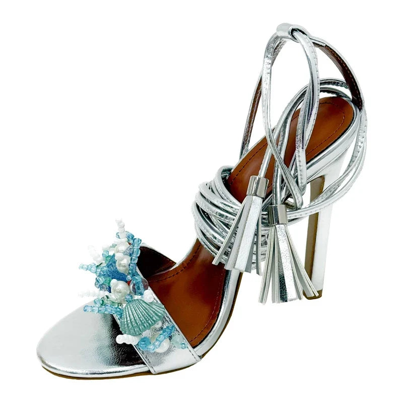 Design String Bead Starfish Shells Coral Gold Sandals