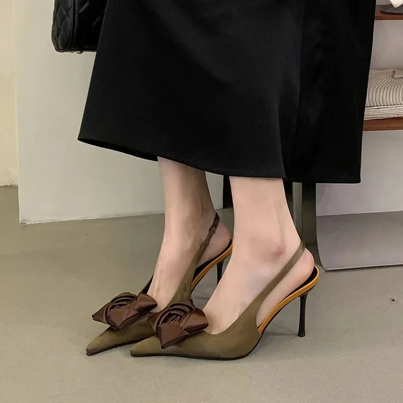 Elegant Satin Flower Decoration Slingback Heels