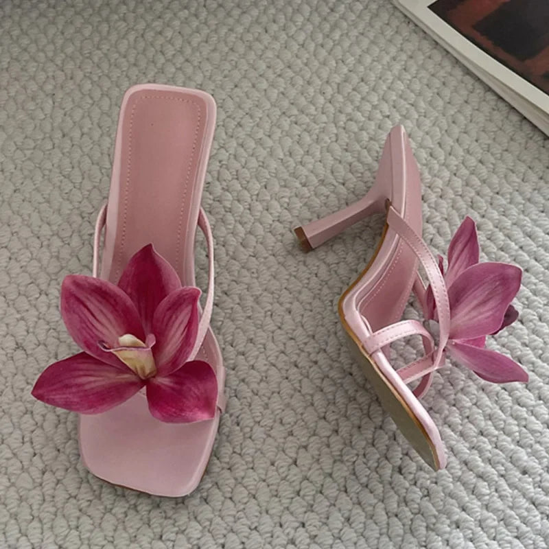 Orchid Flower Square Toe Party Prom Slippers For Woman Mules Shoes Pink Satin Clip On Low Heels Beach Flip Flops