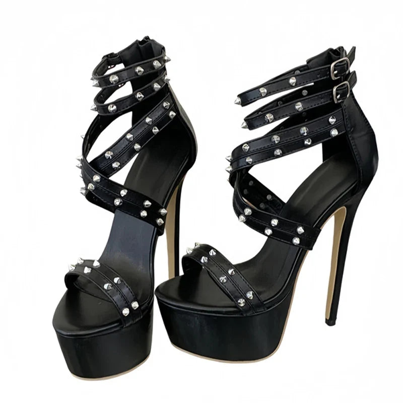 Design Metal Rivet Ankle Zip Cover Strap Women Platform High Heels Sandals