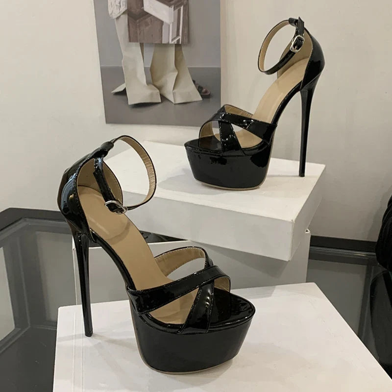 Black Patent Leather Women Sexy Fetish Sandals