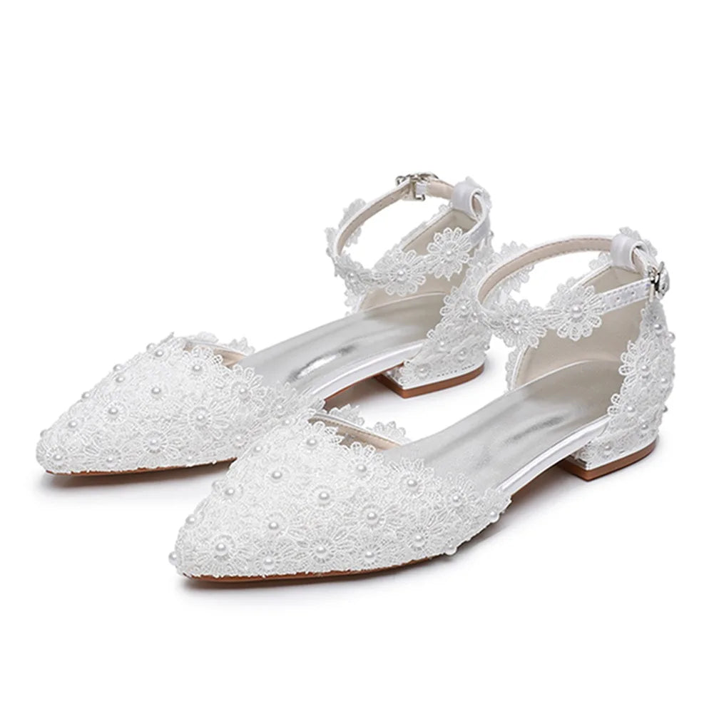 pointed toe hollow white pearl lace flower square heel wedding shoes banquet large size flat women sandals