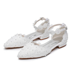 pointed toe hollow white pearl lace flower square heel wedding shoes banquet large size flat women sandals