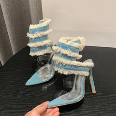 Design Denim Ankle Snake Surround Strap Sandal Women Transparent PVC Summer High Heels Party Stripper Shoes Pumps