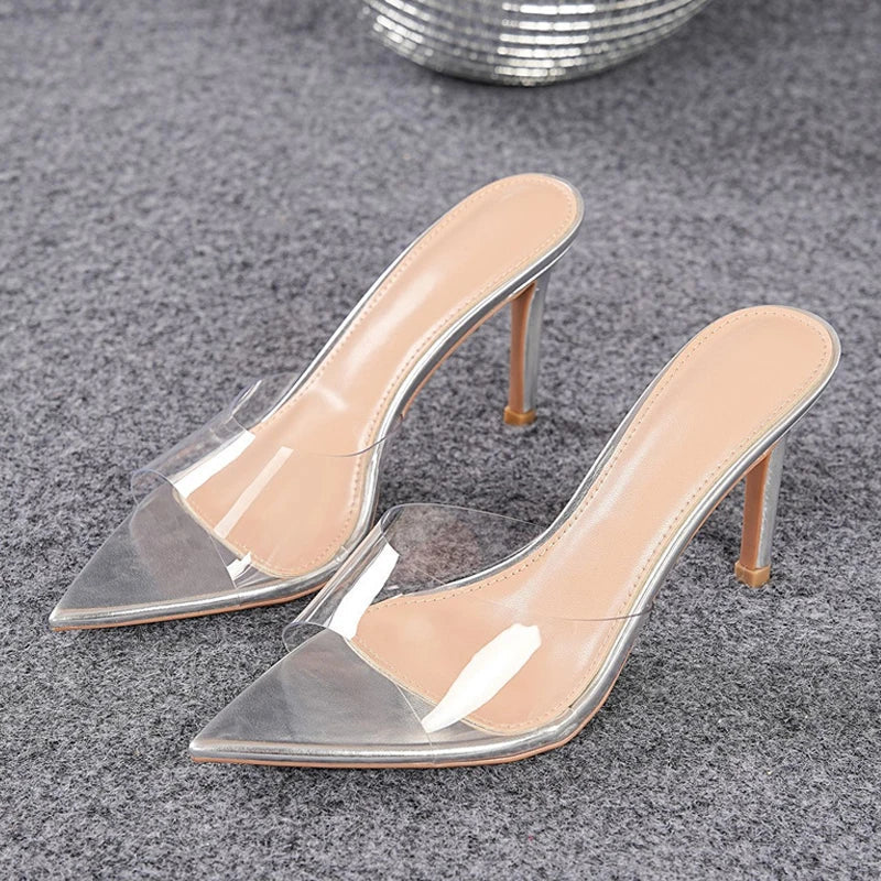 Green PVC Transparent Jelly Shoes For Women Sexy Pointed Open Toe Shallow Slider Slippers Ladies Sandals