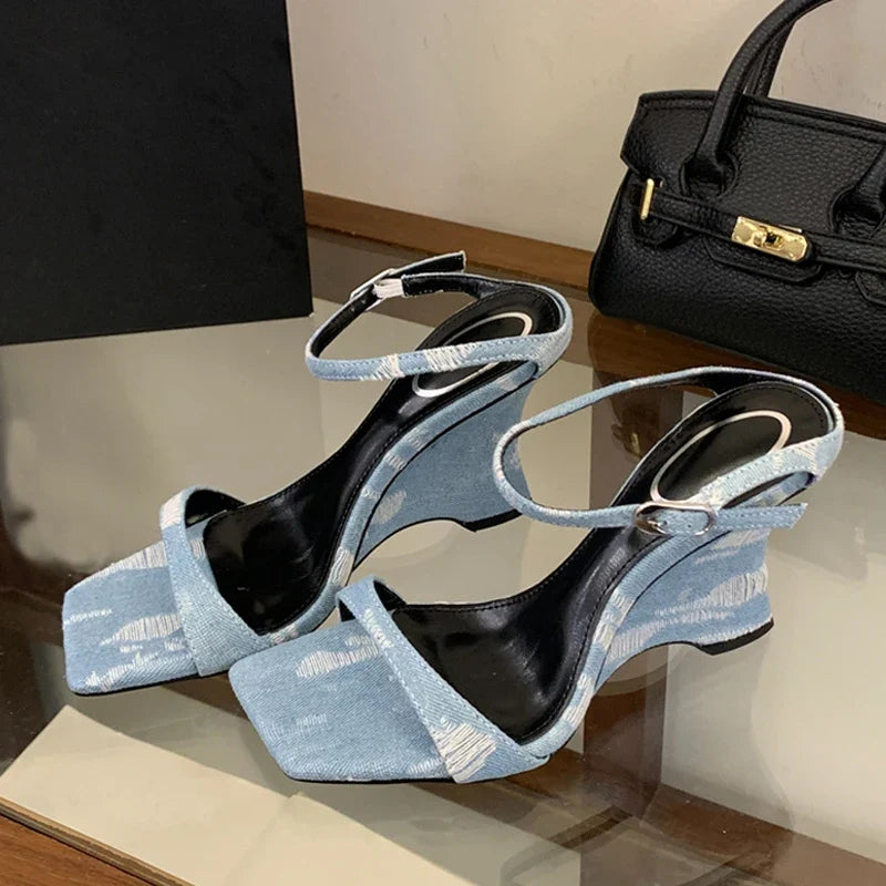 Strange Style Wedges Heels For Woman Blue Denim High Heeled Slippers Sandal Female Designer Slides Shoes Zapatos Mujer