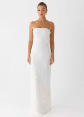 Sassafras Beaded Flower Strapless Maxi Dress - White