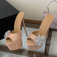 Summer 16CM Women Super High Heels Slipper Sexy Peep Toe Party Stripper Shoes Black Apricot Patent Leather Platform Sandal