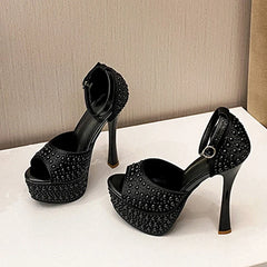 Designer Black Rhinestone Platform High Heels