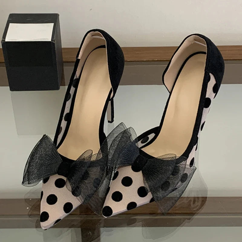 Red Butterfly Knot Pointed Toe Slingback High Heels Wedding Prom Shoes Polka Dot Mesh Pumps
