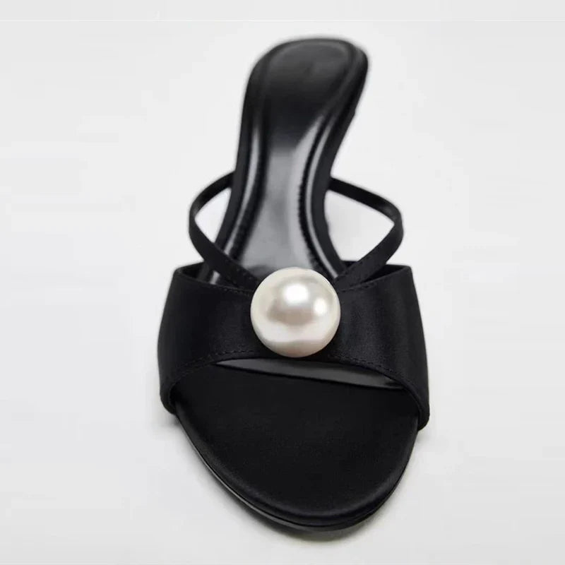 Women Design White Pearl Peep Toe Thin High Heels Modern Slippers Sandals