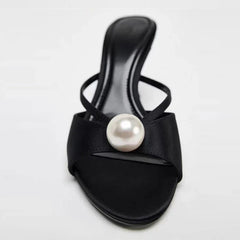 Women Design White Pearl Peep Toe Thin High Heels Modern Slippers Sandals