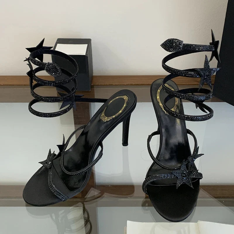 Rhinestone Pentagram Shape Ankle Strap Sandals