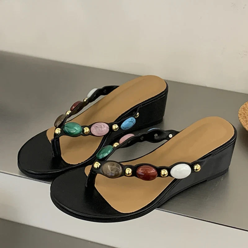 Bohemian Style Colour Gem Strap Designer Slides Women Clip Toe Wedge Slipper