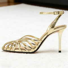 Gold Hollow Narrow Band High-Heel Sandals