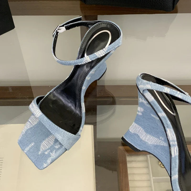 Strange Style Wedges Heels For Woman Blue Denim High Heeled Slippers Sandal Female Designer Slides Shoes Zapatos Mujer