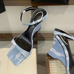 Strange Style Wedges Heels For Woman Blue Denim High Heeled Slippers Sandal Female Designer Slides Shoes Zapatos Mujer