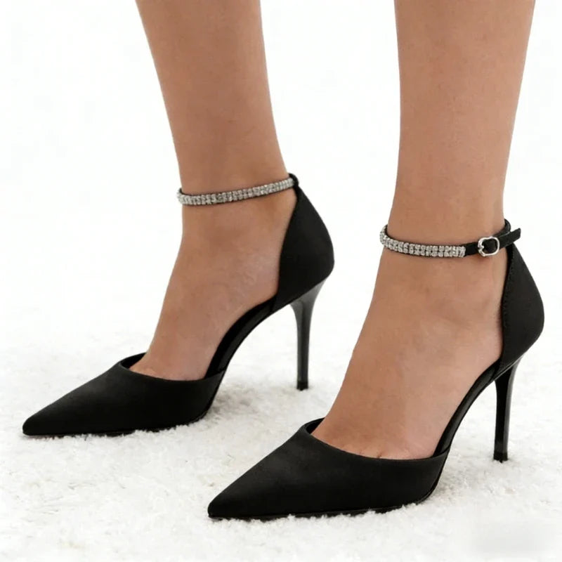 Black Pointed-Toe Satin High Heels