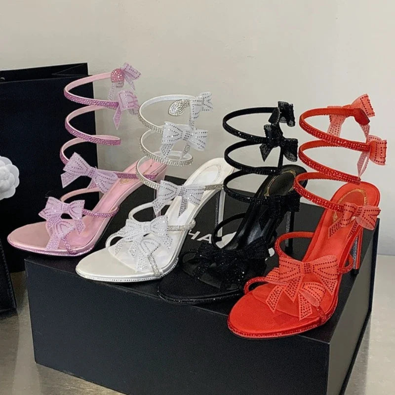 Shiny Rhinestone Bow Decorated Heeled Sandals