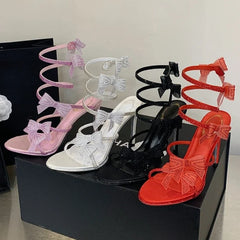 Shiny Rhinestone Bow Decorated Heeled Sandals