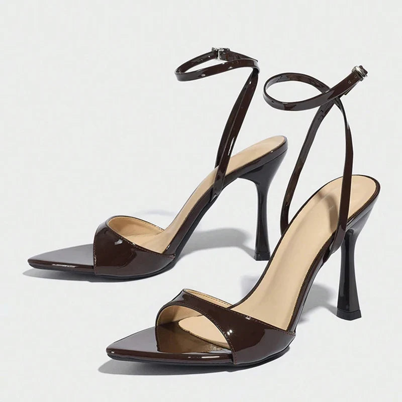 Brown Patent Leather Ankle Strap Sandals