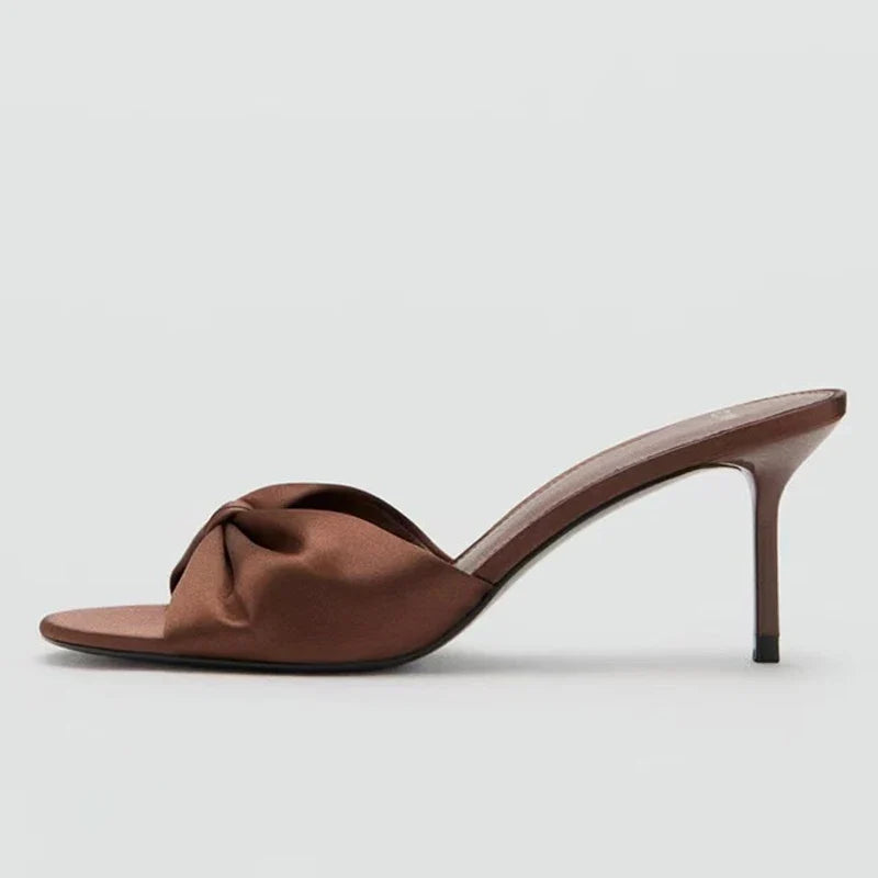 High Quality Brown Pleated Silk Women Slippers Sandals