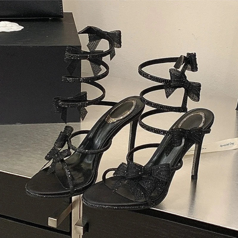 Shiny Rhinestone Bow Decorated Heeled Sandals