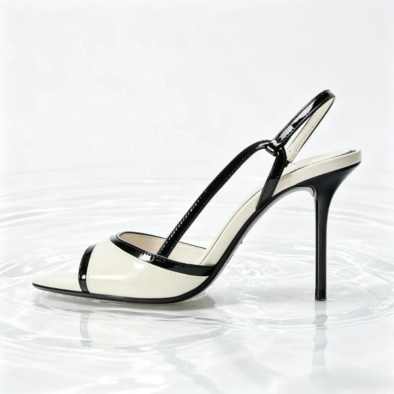 Black White Colorblock Slingback Heeled Sandals