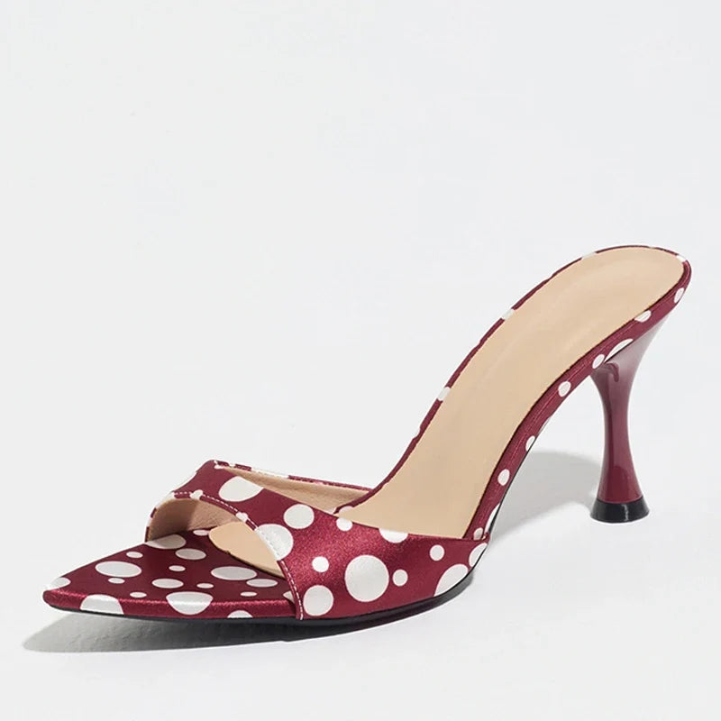 Bohemian Style Polka Dot Silk Pointed Toe Low Thin Heels Slippers