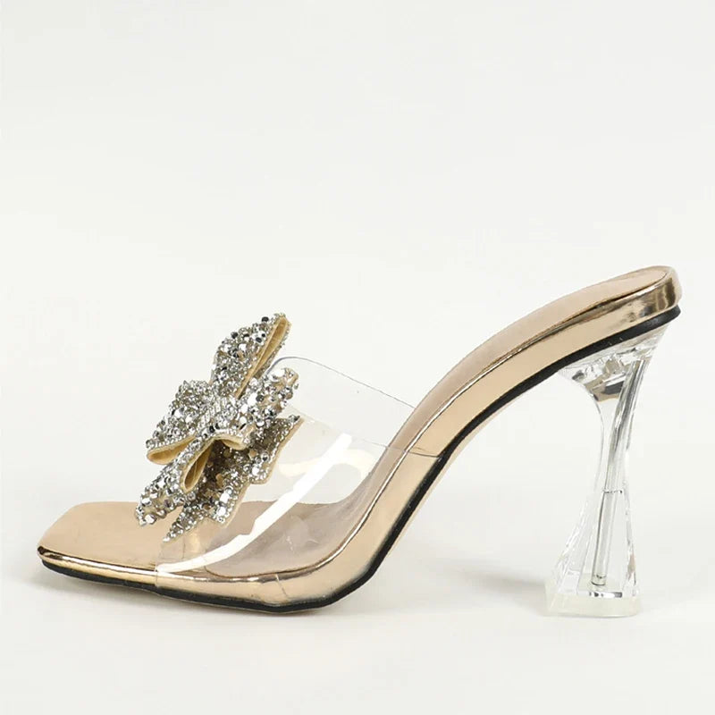 Silver Sequined Butterfly Knot Women Transparent Slippers Summer Square Toe Clear High Heels Sandals