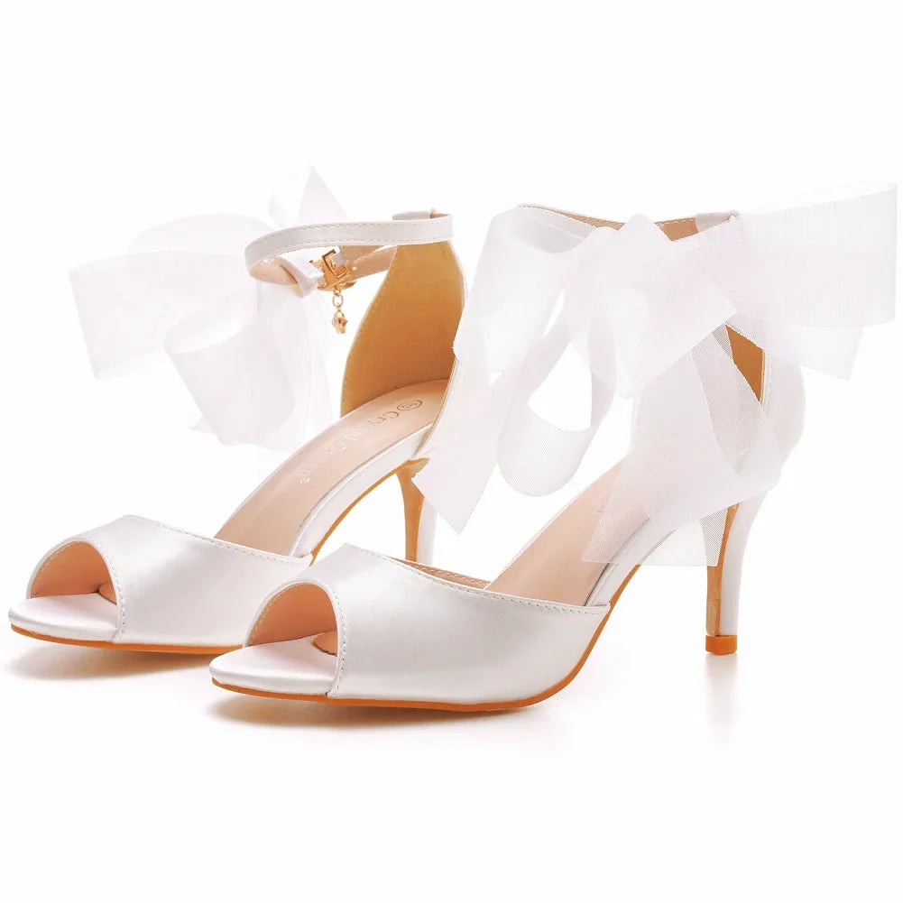 Summer round-toed fish mouth mesh bow crystal wedding shoes banquet dress large size thin high-heeled women's sandals