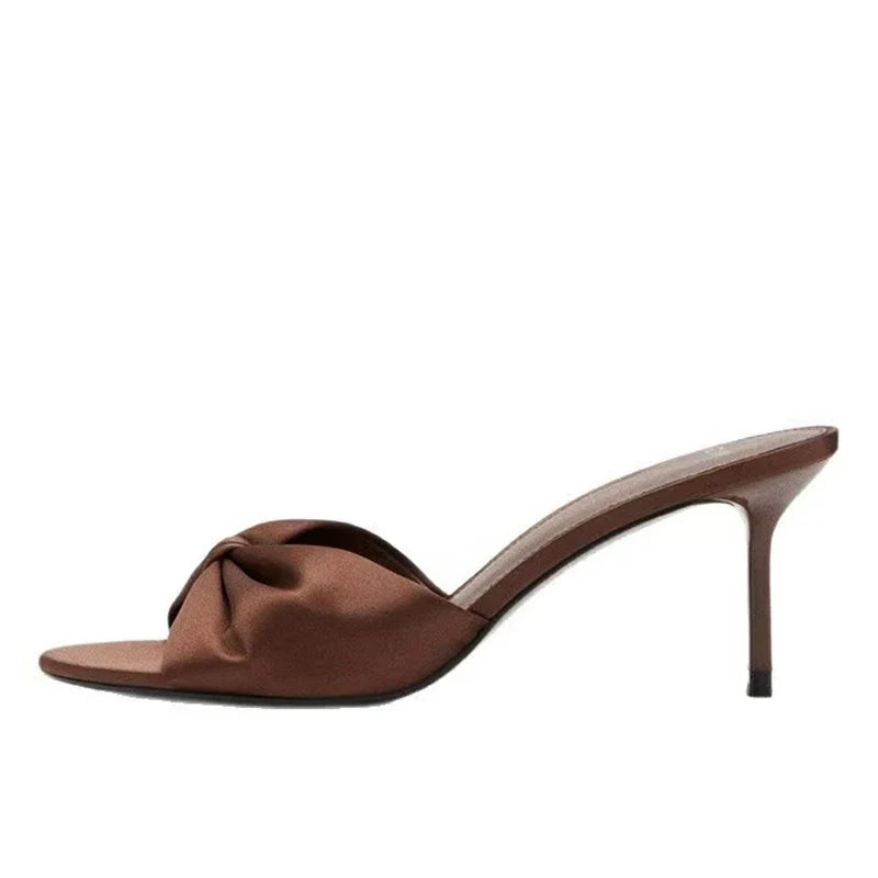High Quality Brown Pleated Silk Women Slippers Sandals